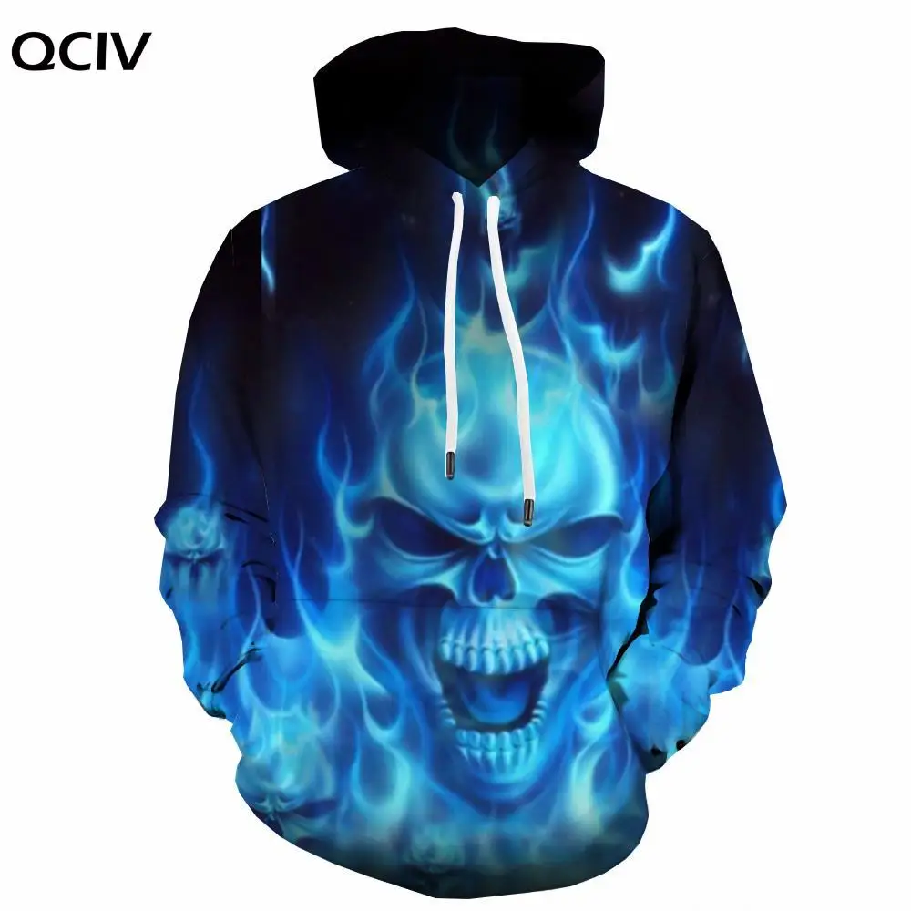 

QCIV Brand Skull Sweatshirts men Punk Sweatshirt Printed Blue Hoody Anime Flame Hooded Casual Long Sleeve Streetwear Autumn