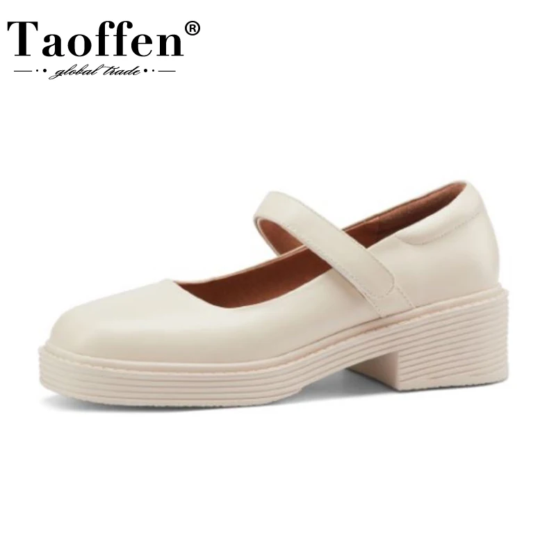 

Taoffen Real Leather Women Pumps Thick Heel Square Toe Hook&Loop Solid Color School Style Summer Ladies Footwear Size 34-41