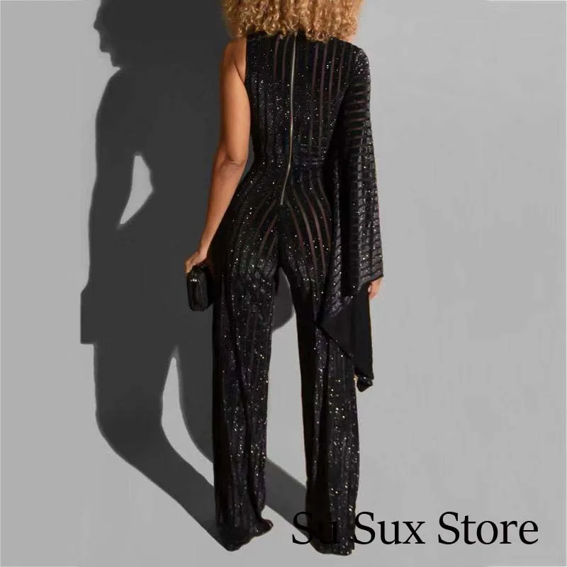 Sexy Jumpsuit Women Rompers Black Striped Sequined Bodycon Single Flare Sleeve High Waist Wide Leg Overalls Partyclub |