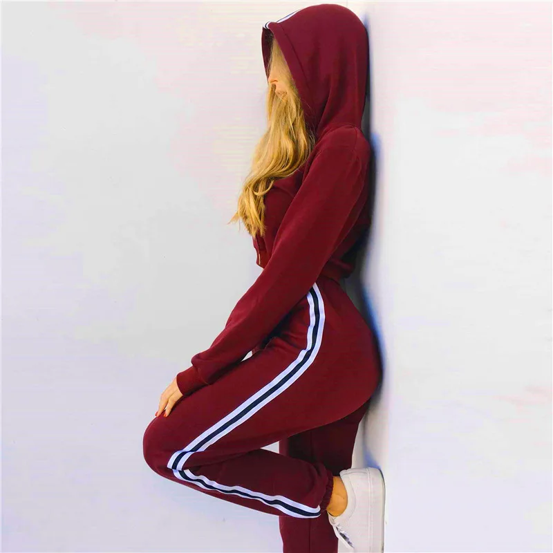 

Tracksuit 2pcs Women Set Hoodies Crop Top Sweatshirt+Side Stripe Pants Hooded 2 Pieces Sets Female trainning Clothing Suits