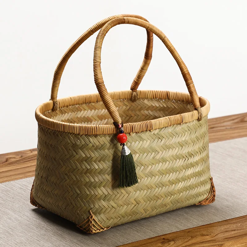 

Chinese Style Outdoor Shopping Bags Handmade Bamboo Handbag Household Kitchen Picnic Food Basket Fruit Cake Candy Storage Holder