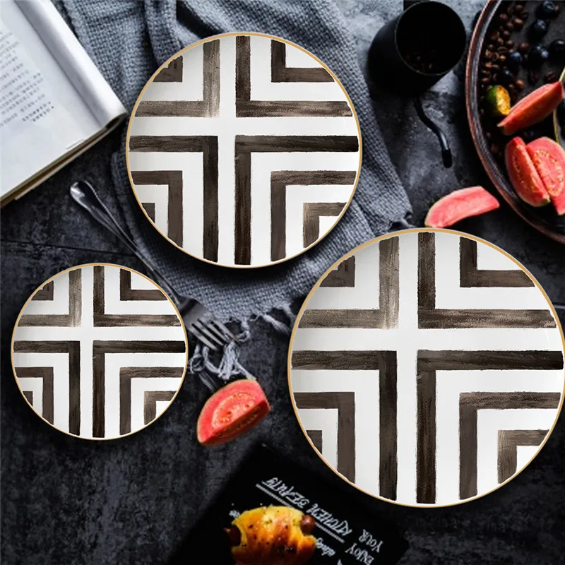 Bone China Plate Round Food Tray Dinner Set Cross-Border Pattern Restaurant Grid Gold Dish Assiette Porcelain | Дом и сад
