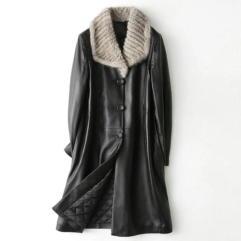 Superior Real Sheepskin Genuine Leather Mink Collar Black Long Three Buttons 3XL Turn-down Collar Women Winter Lady Quilted Coat