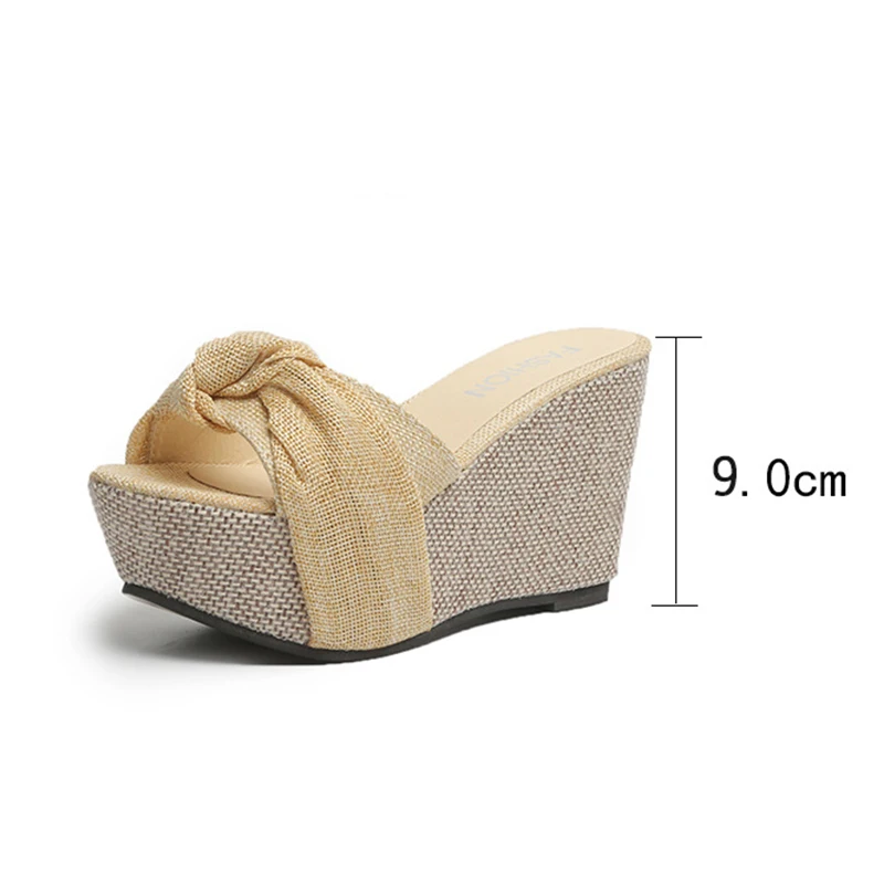 

2020 Summer Slippers Wedge Platform Shoes 9cm High Heels Sandals Beach Slides Outdoor Zapatos De Mujer Cute Bow-knot Slippers