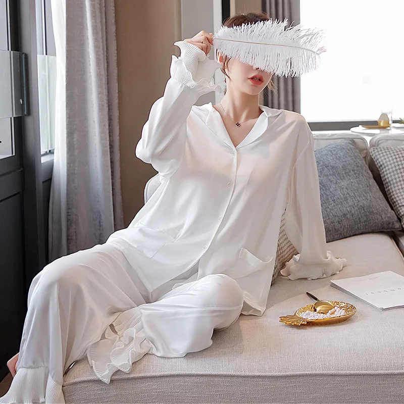 

White Women 2PCS Pajamas Sets Long Sleeve Turn-down Collar Shirt&Pants Pyjamas Suit Underwear Sleepwear Loungwear Home Nightwear