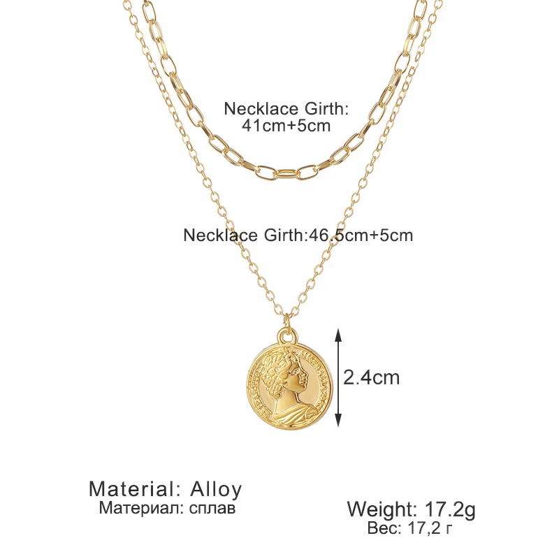 

Fashion Punk Thick Chain Choker Necklace for Women Classic Gold Color Round Coin Carved Portrait Pendant Necklace Boho Jewelry