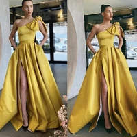 sexy yellow one shoulder evening dress a line 2022 backless bow prom gowns pleat for women elegant satin slit vestidos de noche