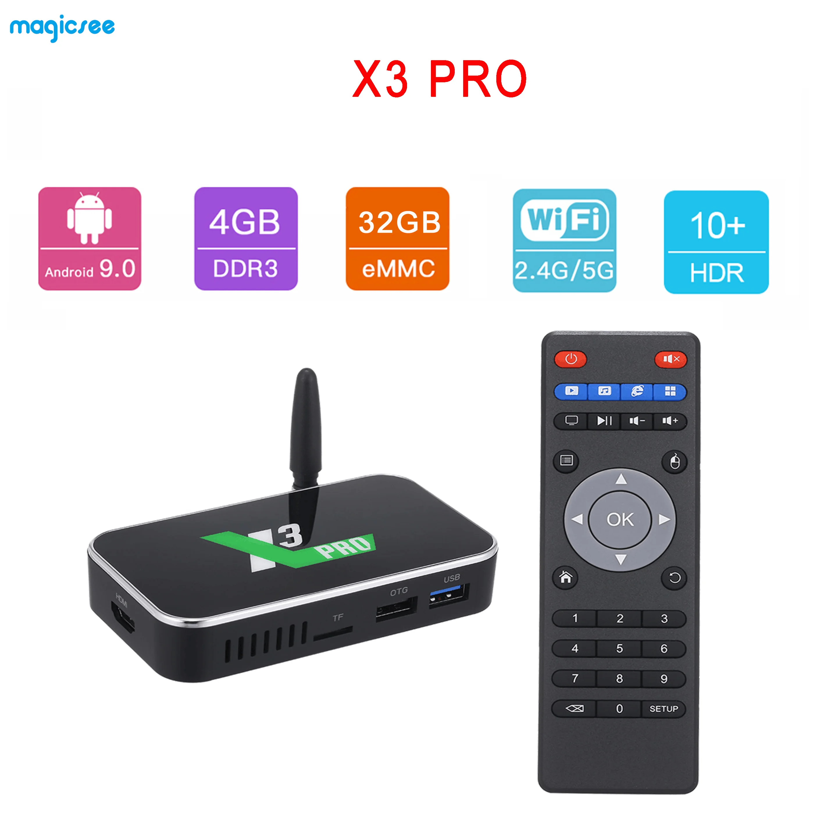 

ТВ-бокс Magicsee, ТВ-приставка Android 9,0, Amlogic S905X3 Pro, DDR4, 4 Гб, 32 ГБ, медиаплеер, смарт-приставка 2,4G/5G, Wi-Fi 1000M Lan, 4K HD