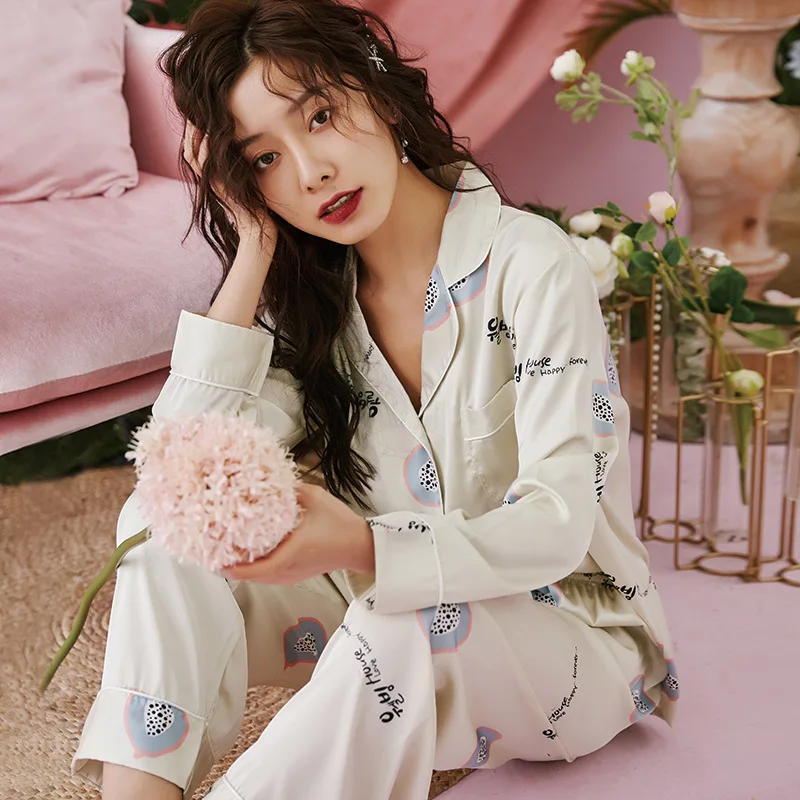 Spring And Summer New Ladies Pajama Set Turn-down Collar Lemon Print Sleepwear Women Soft Large Size Homewear Thin Casual Wear | Женская