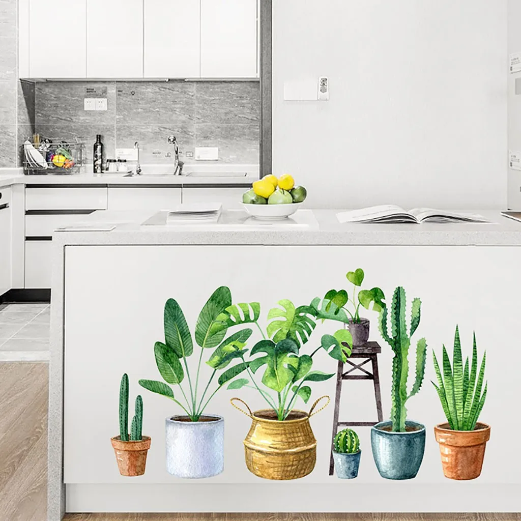 Tropical Tree Leaves Wall Stickers DIY Green Plants Decals for Living Room Bedroom Kitchen Home Decoration 2pc | Дом и сад