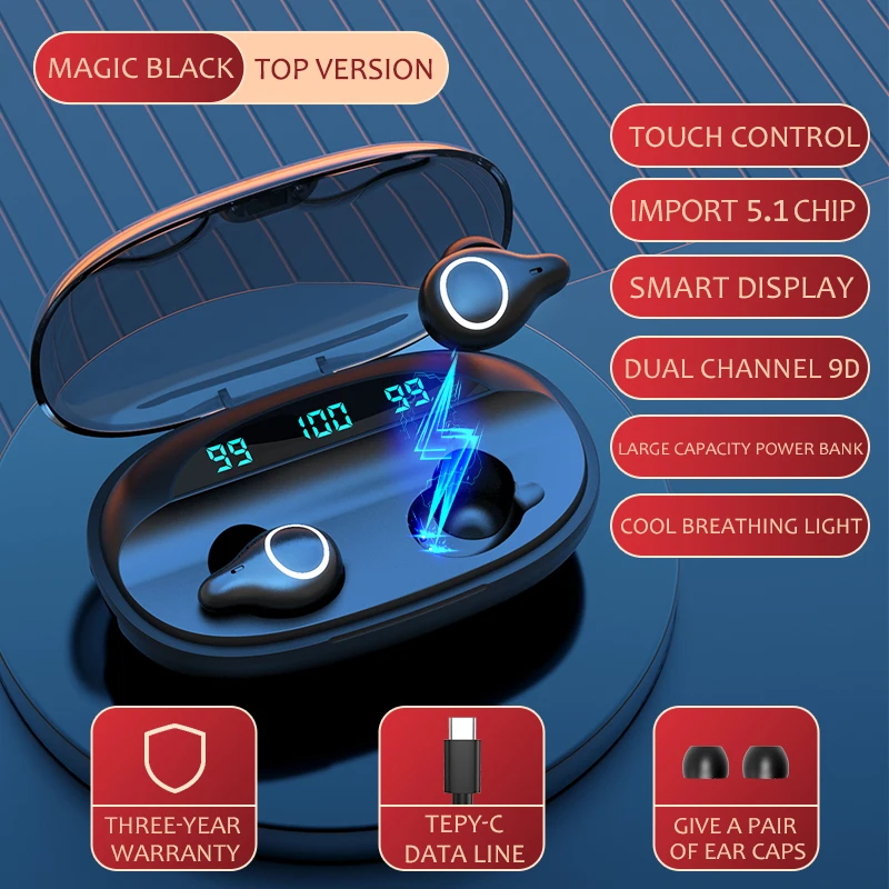 

Headphones Wireless HIGH-Quality 9D Sound LED Display Music Earpieces For Oppo Huawei Iphone