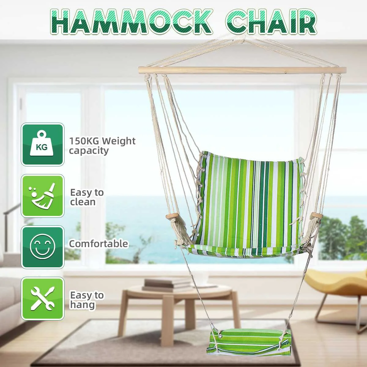 

150KG Capacity Hammock Chair Seat Cushion Cotton Wood Hanging Rope Patio Swing Chair For Outdoor Garden Camping Indoor Hammocks