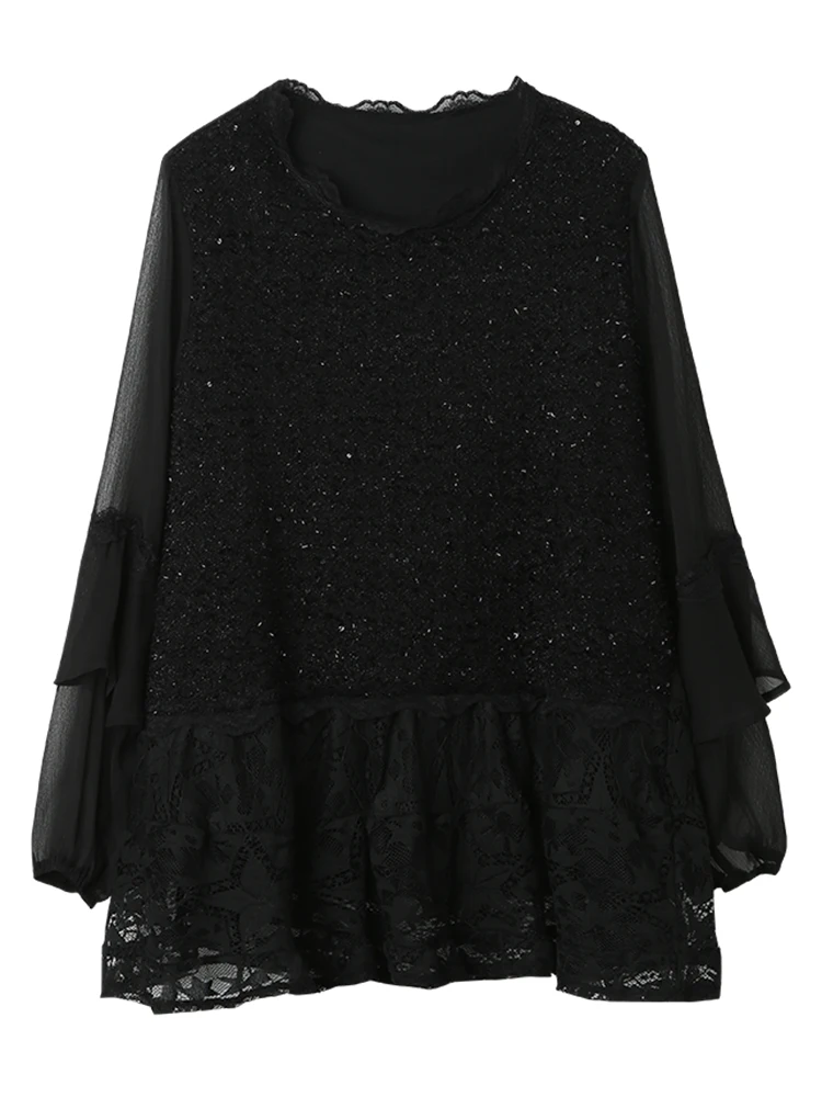 

2021 Fall Lace Patchwork Women's Shirt Casual Vintage Long Sleeve Black Chiffon Blouse Plus Size Tops Fashion Blouses