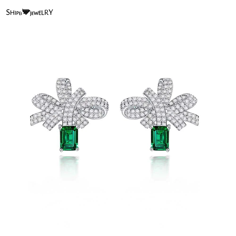 

Shipei Luxury 100% 925 Sterling Silver Emerald Created Moissanite Gemstone Wedding Party Bowknot Ear Studs Earrings Fine Jewelry