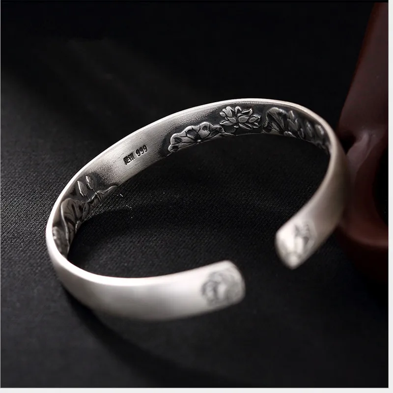 

Real 999 Fine Silver Bangle Holy Buddhism Lotus Bangles for Believers Women Vintage Handmade Jewelry China Style Bijoux