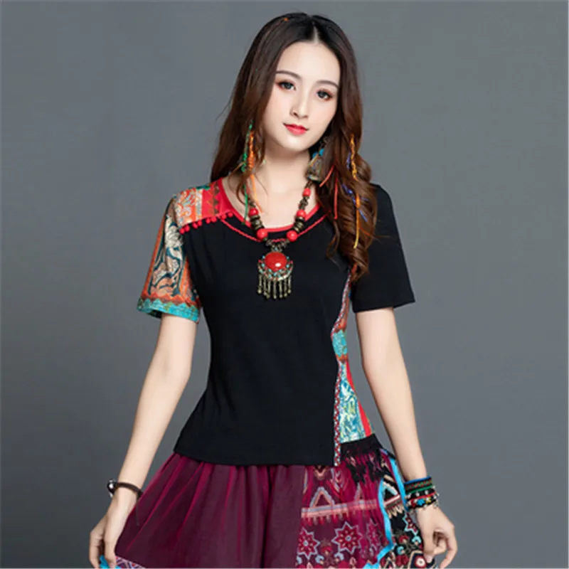 

Элегантная женская одежда, Новая Винтажная футболка с вышивкой, этническая Летняя женская одежда Harajuku с круглым вырезом, топы для женщин