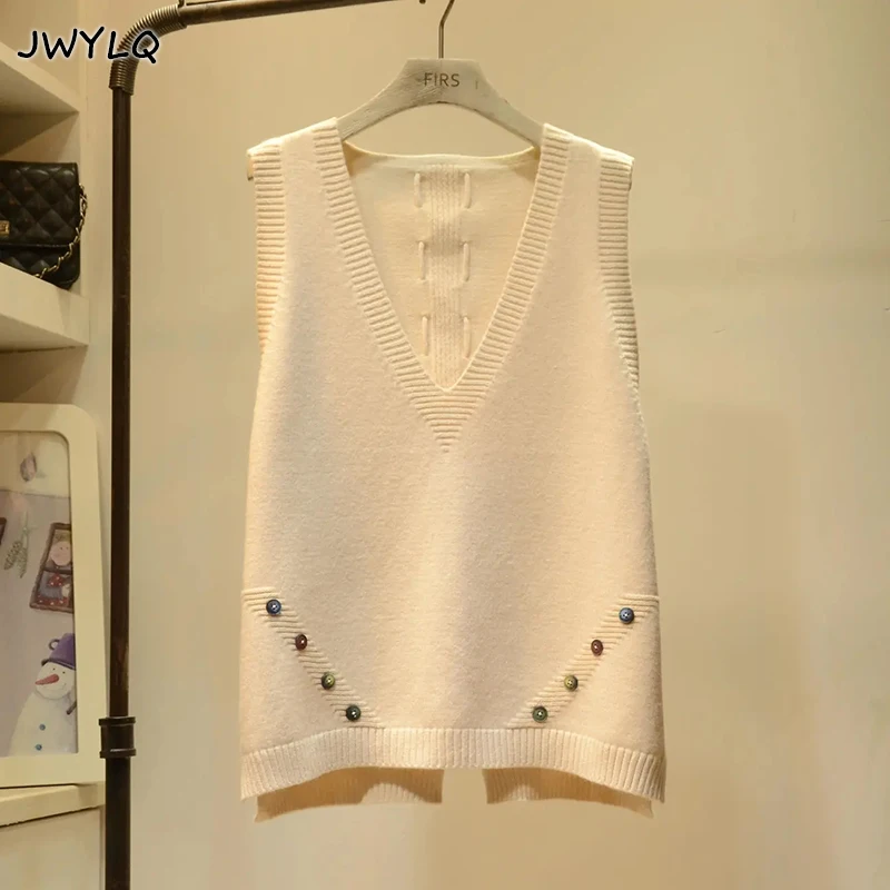 

Vintage V-neck Color Buckle Sweater Vest Autumn Sleeveless Bandage Hollow Out Pullover Sweater Women New Loose Knitted Sweaters
