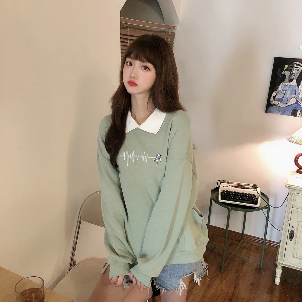 Graphic Sweatshirt Women Oversized Sweatshirt with Collar E Girl Grunge Harajuku Tops Cute Korean Ulzzang Clothes Thin Hodies