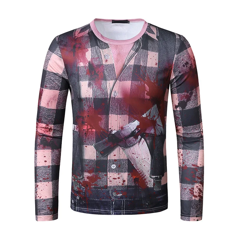 

2020 Autumn Plus Size New Men's 3D Digital Printing Halloween Three-dimensional Printing Long-sleeved O- Neck T-shirt Gym Shirt