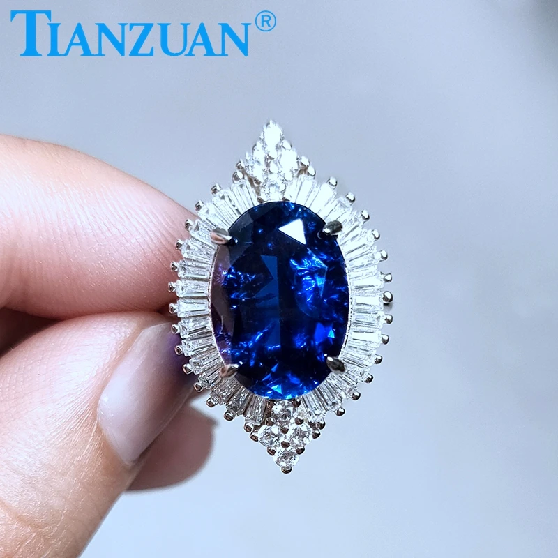 

Adjustable ring artificial blue color sapphire flower 925 silver with 10*14mm 7.3ct main stone for jewelry