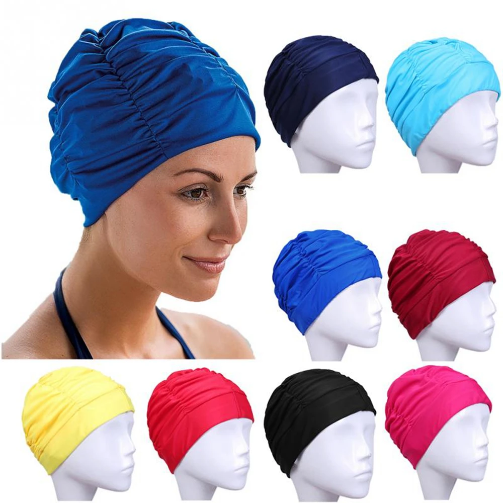

1Pc Elastic Nylon Swimming Caps Solid Colors Pleated Bathing Hats Long Hair Protect Pool Bathing Hats Swim Sports Accessories