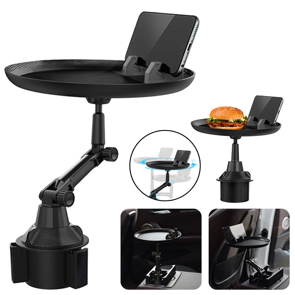 

NEW Car Cup Holder Expander with a 8" Surface 360° Swivel Eating Car Tray Drink Tray Table with Adjustable Base Long/Short Black