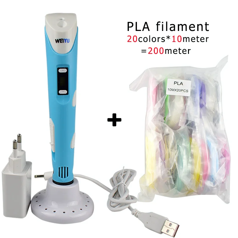 Blue and 200m Аутентичные 3D Ручка 3d печати pen-3d 1,75 мм pla Синтетическая нить Рождественские подарки+ Бесплатные покраска рисунки+ 5 v 2A usb адаптер - Цвет: Blue and 200m