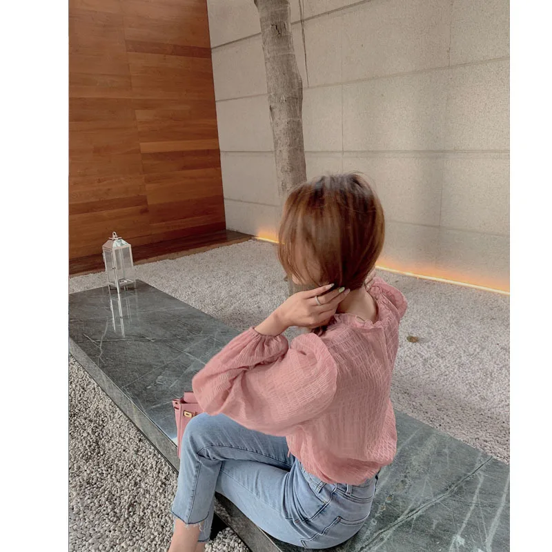 

2021 Summer Korean Lace Shirt Chiffon Shirt Pullover V Neck Straight Bubble Long Sleeve Woman Fashion