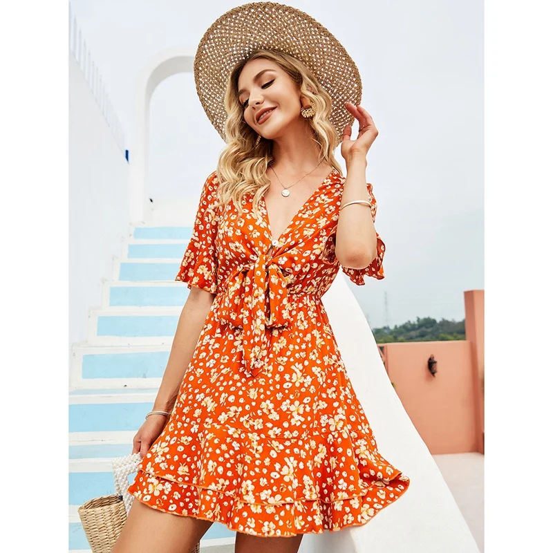 

Women's Fresh and Sweet V-Neck Bowknot Floral Dress Red