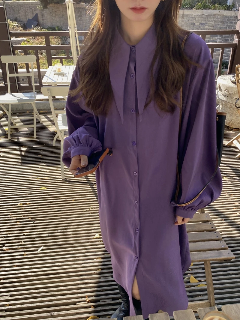 

Spring And Summer Casual Purple Women Shirt Sundress Korean Clothing Solid Color Loose Single-Breasted Vintage Dress