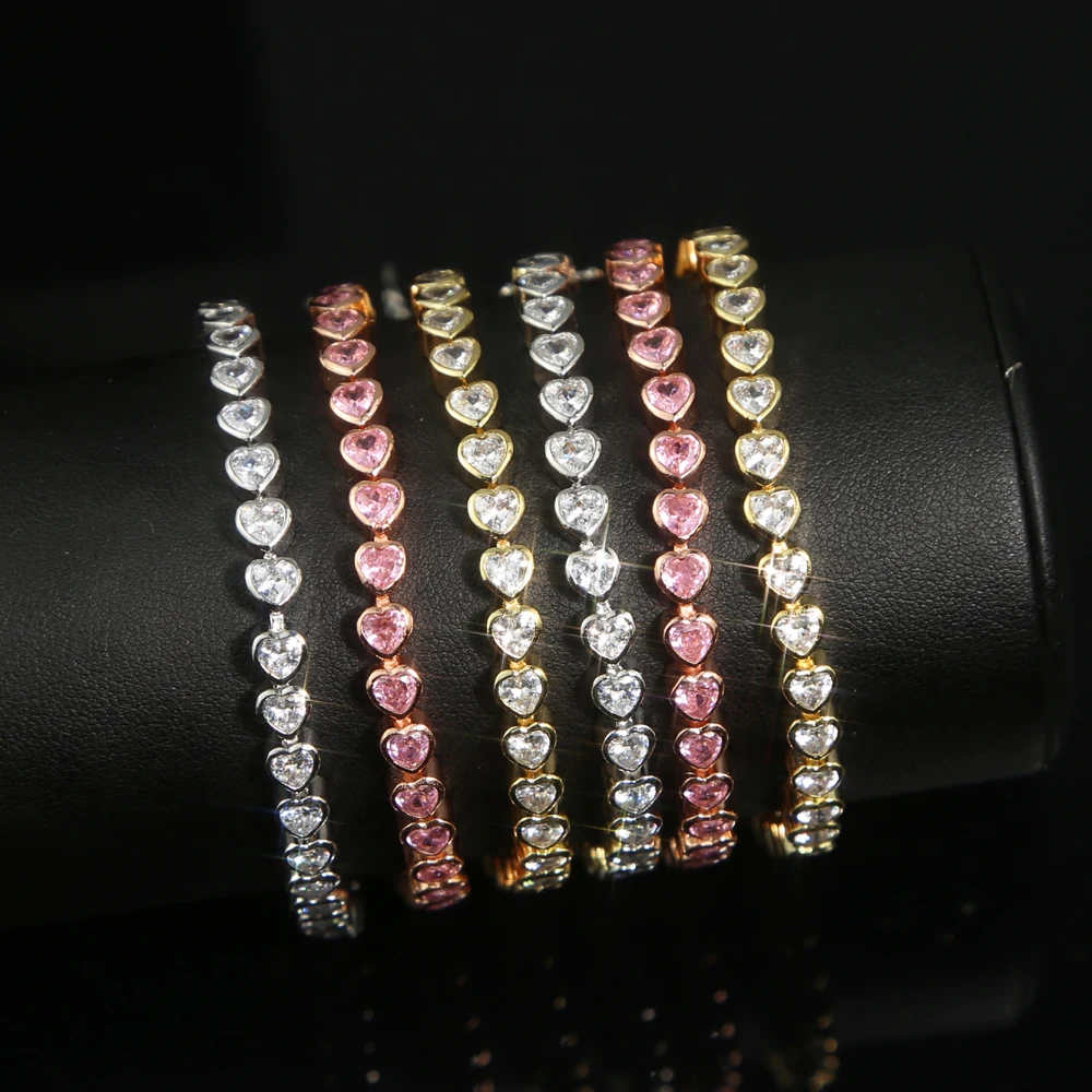 2021 Новый льдом AAA кубическим цирконием в форме сердца Теннисный браслет цепочка