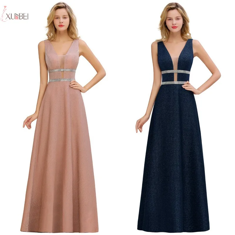 

Navy Blue Pink Long Bridesmaid Dresses 2019 A line Wedding Party Guest Gown V Neck Sleeveless robe demoiselle d'honneur