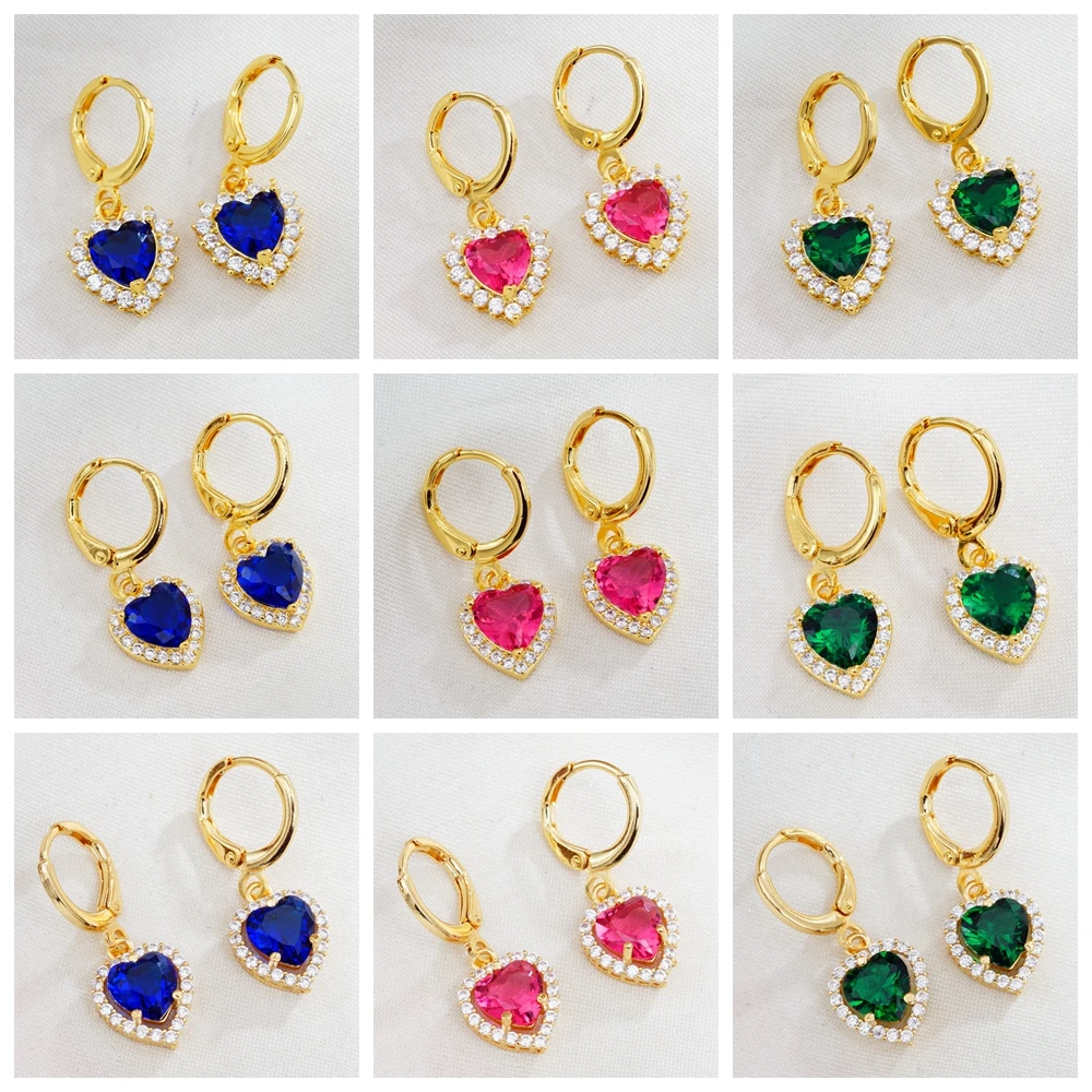 18 видов стилей серьги-подвески в форме сердца золотого цвета с фианитами