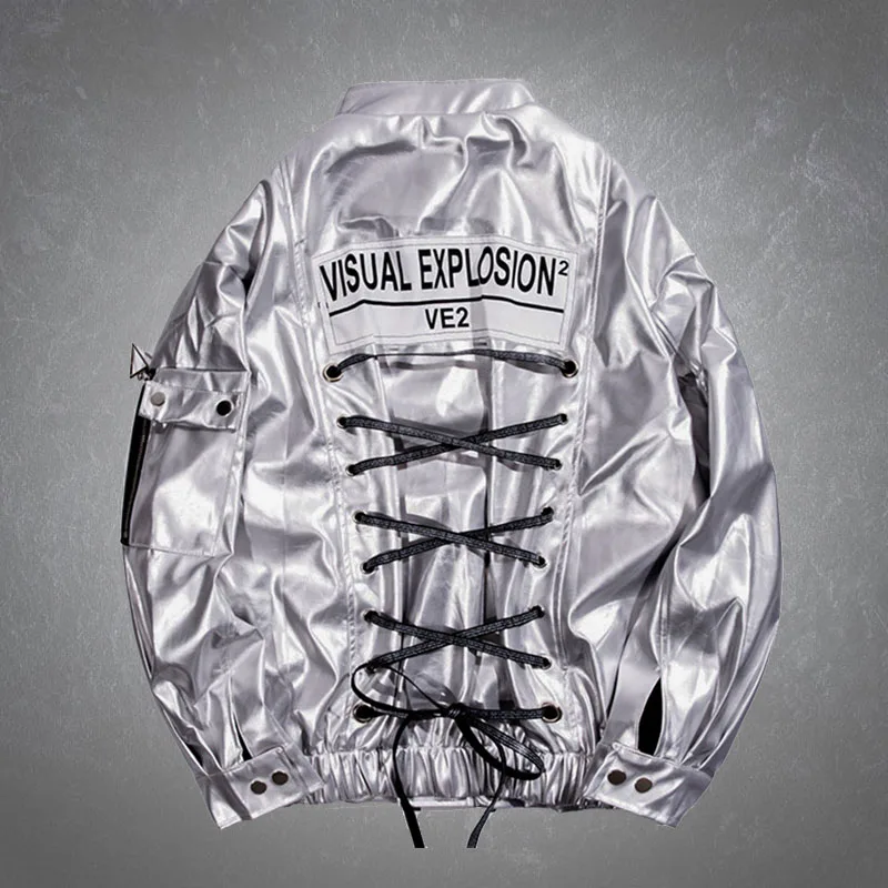 

High Street Punk Bandage Patchwork PU Leather Jackets Men Hip Hop Casual Loose Zipper Motorcycle Windbreaker Bomber Coats Unisex