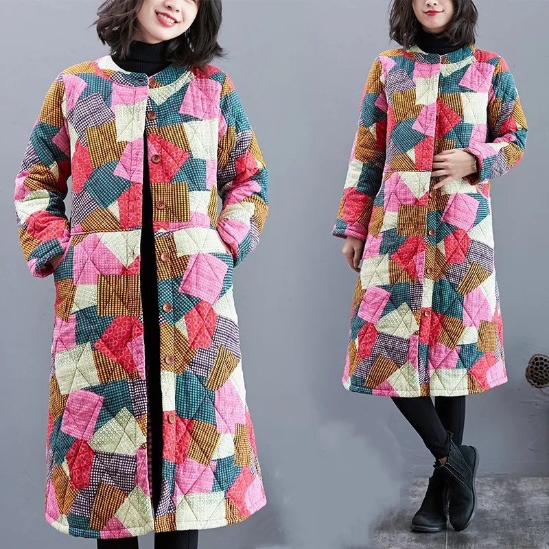 

Fdfklak Winter Clothing Plus Size Literary Ethnic Style Coat Color Quilted Geometric Cotton-Padded Jacket Button Manteau Femme