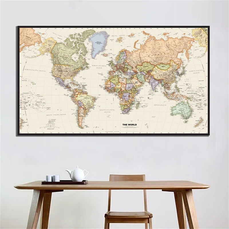 

A2 Size Retro World Map Mercator Projection Detailed Map of Major Cities In Each Country Non-woven Vintage Map Wall Decor Poster