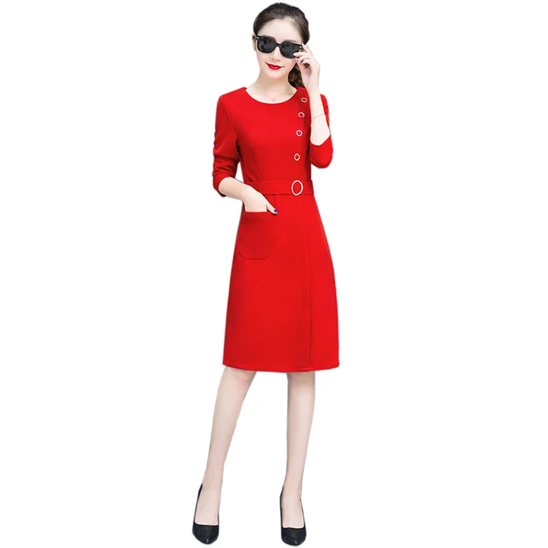 

Новинка 2019, весенне-осеннее платье с круглым вырезом, Повседневное платье с длинным рукавом, женское модное платье до колена с карманами для женщин