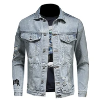 2021 new spring and fall fashion casual men solid color embroidery holes snowflakes slim hip hop long sleeve mens denim jackets