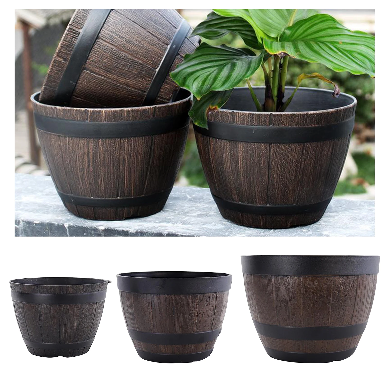 

Retro Round Resin Flower Plant Pots Planter Barrel Home Garden Outdoor Decoration
