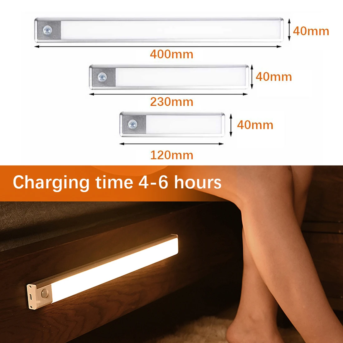 

2 Color Ultra-thin 12/23/40CM PIR Motion Sensor Under Cabinet Light USB Rechargeable Modes LED Wardrobe Closet Night Lights