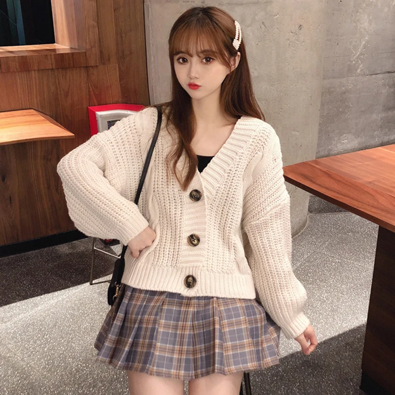 Женский однобортный Кардиган трикотажный свитер в стиле Харадзюку С v-образным