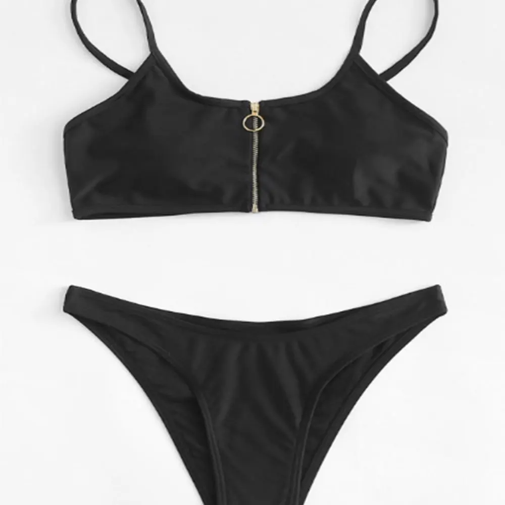 

Women's Sexy Zipper Solid Color Split Swimsuit Thong Swimsuit With Chest Pad Without Steel Support