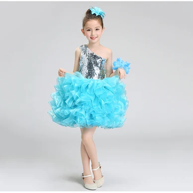 oneshoulder blue Пушистый костюм для девочек голубого и желтого цвета; платье для дня рождения; разноцветная юбка-пачка из тюля; нарядное платье с цветочным узором для маленьких девочек; Новинка - Цвет: oneshoulder blue
