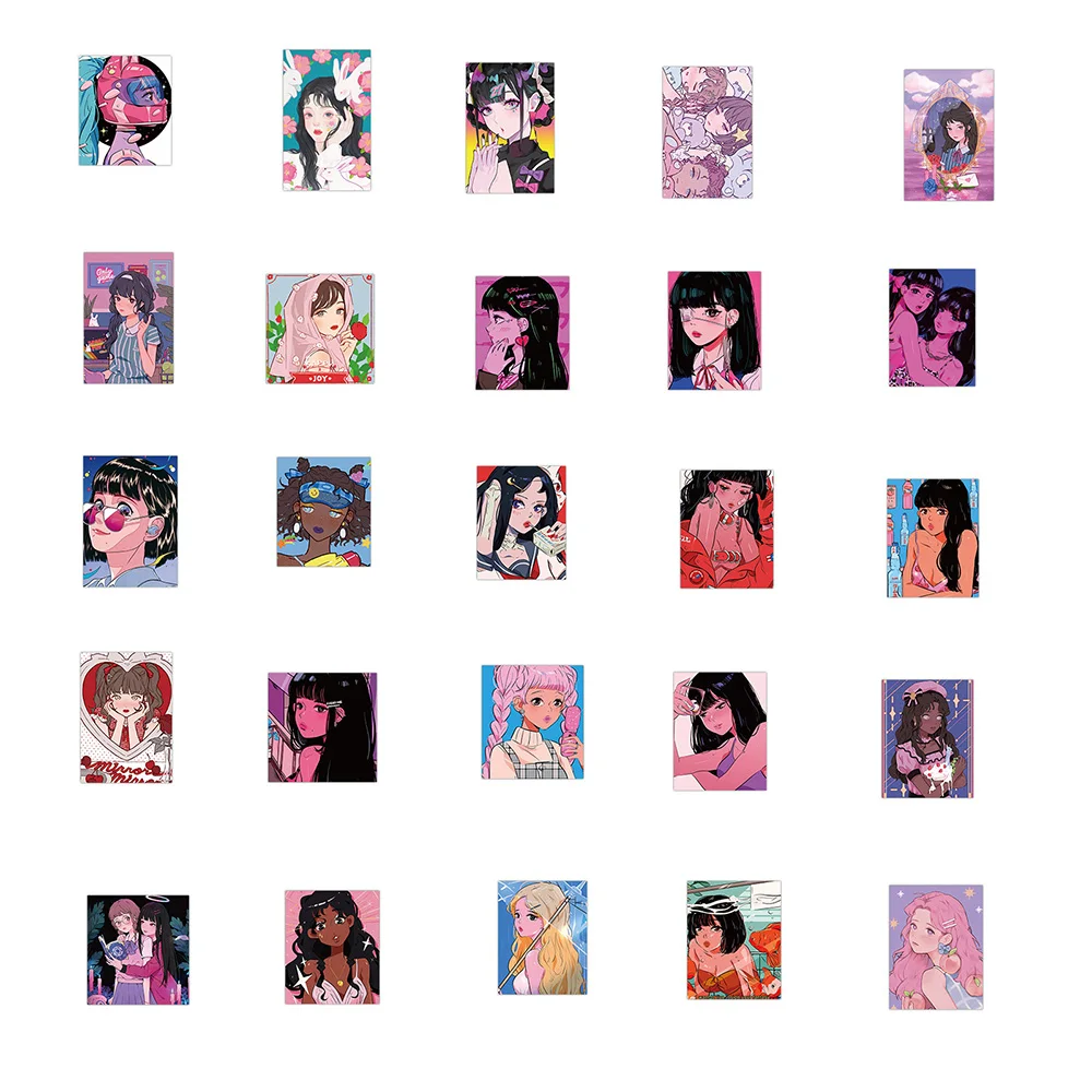 

50PCS Cartoon Girl Illustration Graffiti Stickers Classic Retro Anime Sticker Decal For DIY Stationery Laptop Bicycle Guitar Car