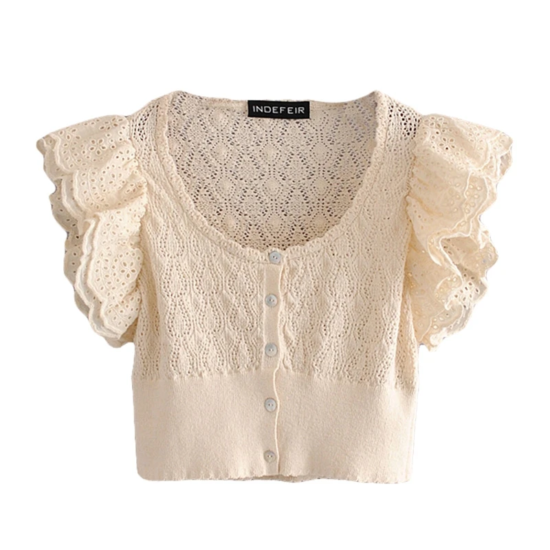 

Женский укороченный топ, футболка, летняя мода 2021, ажурная футболка абрикосового и белого цвета, Женский Топ, Повседневная футболка, женская...