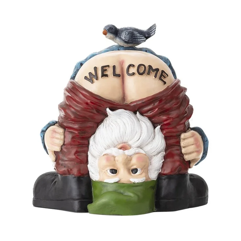 

Funny Welcome Gnome with Bird Statue Garden Outdoor Garden Decorations Ornaments Prank Dwarf Resin Doll Entrance Sculpture