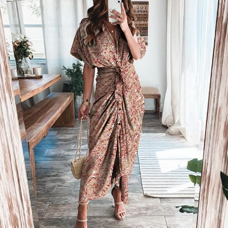 

Elegant Button Draped Bandage Lady Shirt Dress Fashion Casual Short Sleeve Beach Long Dress Summer Sexy Deep V Women Party Dress