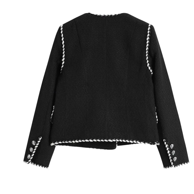 

Office Lady Tweed Short Solid Coat Round Neck Double-Breasted Mixed Color Trim Jacket Spring Autumn Women Korean Style Fashion