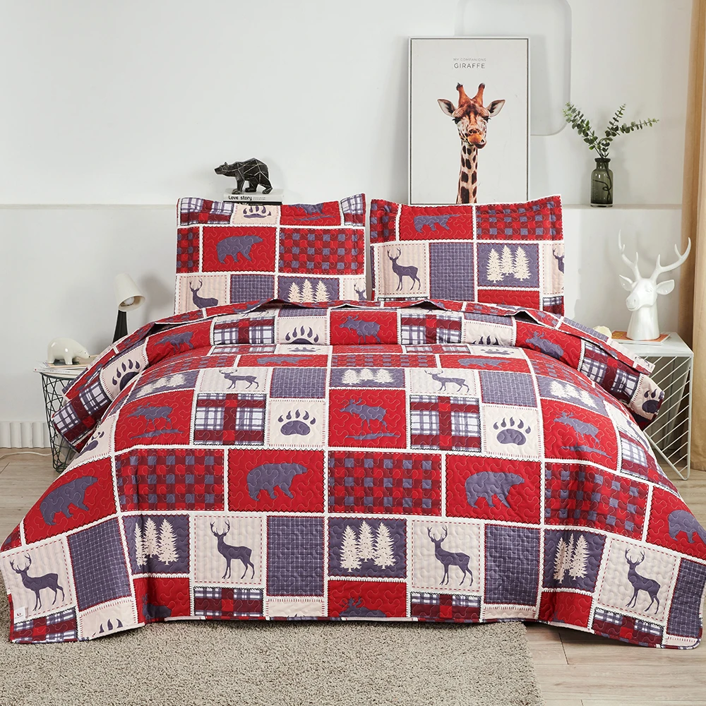 

3 Piece Quilt Set Deer Bear Plaid Bedspread Coverlet All-Season Plaid Bedding Set Reversible Plaid Quilt Set Pillow Shams Quilts