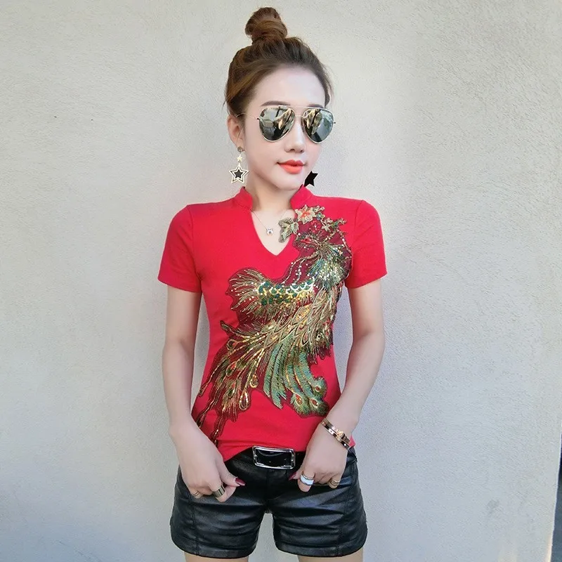 Китайский стиль винтажные женские цветочные футболки с пайетками и вышивкой